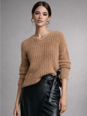 Babaton Fuzzy Kint V-Neck Sweater Ullman Camel Soft Cozy Pullover